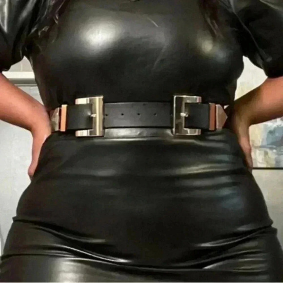 Gold Chunky Double Buckle Black Vegan Leather Wide Waist Corset Belt - Picture 6 of 7